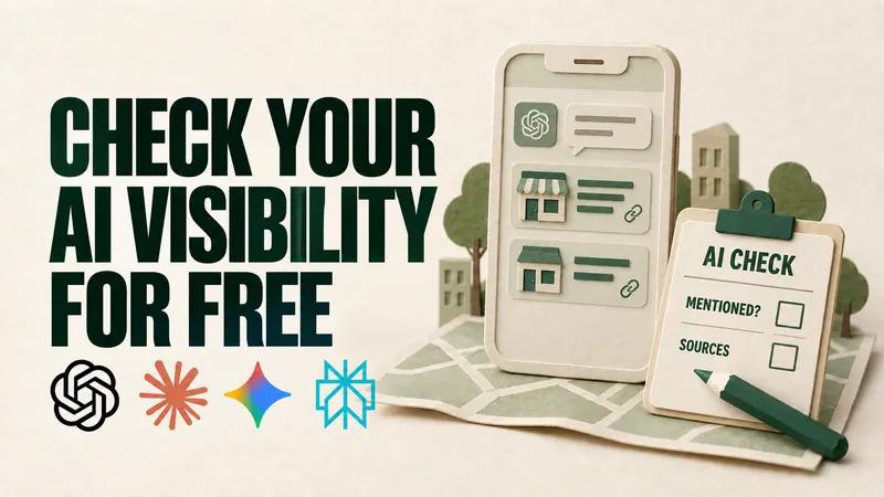 Check your AI visibility for free: a paper phone showing business suggestions beside a checklist for mentions and sources, with ChatGPT, Claude, Gemini and Perplexity logos.