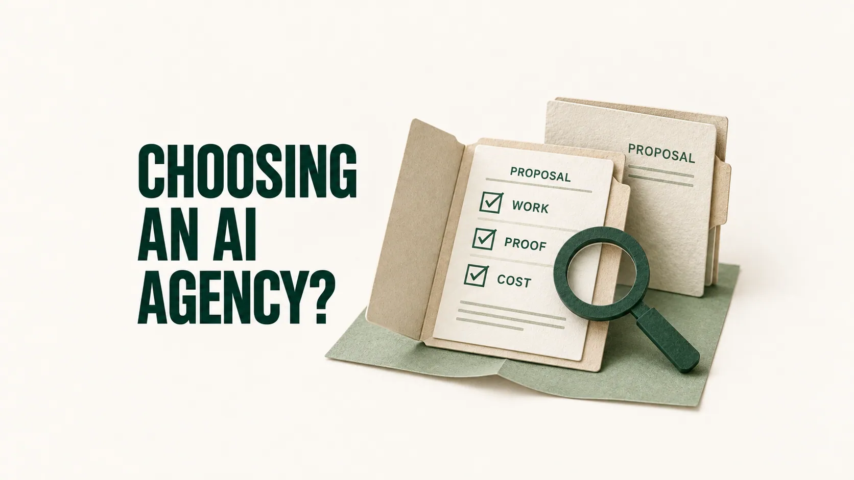 Paper agency proposals with Work, Proof and Cost checks beside a magnifying glass, under the headline Choosing an AI Agency?