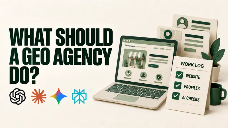What should a GEO agency do? A paper laptop, business profile cards and a checked work log, beside ChatGPT, Claude, Gemini and Perplexity logos.